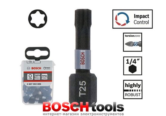Ударные биты Bosch Impact Control, T25/25 мм, 25 бит в упаковке TicTac