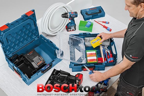 Набір акумуляторних інструментів Bosch Professional: дриль-шурупокрут GSR 18V-65, перфоратор GBH 18V-22, КШМ GWS 18V-8 з 2 акб GBA 18V 5.0 Ah і з/п GAL 18V-40 в 3 кейсах L-BOXX 136