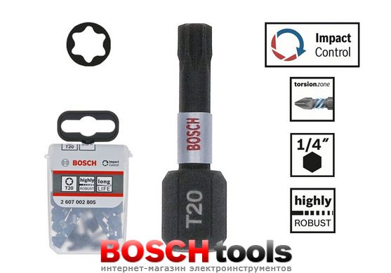 Ударные биты Bosch Impact Control, T20/25 мм, 25 бит в упаковке TicTac